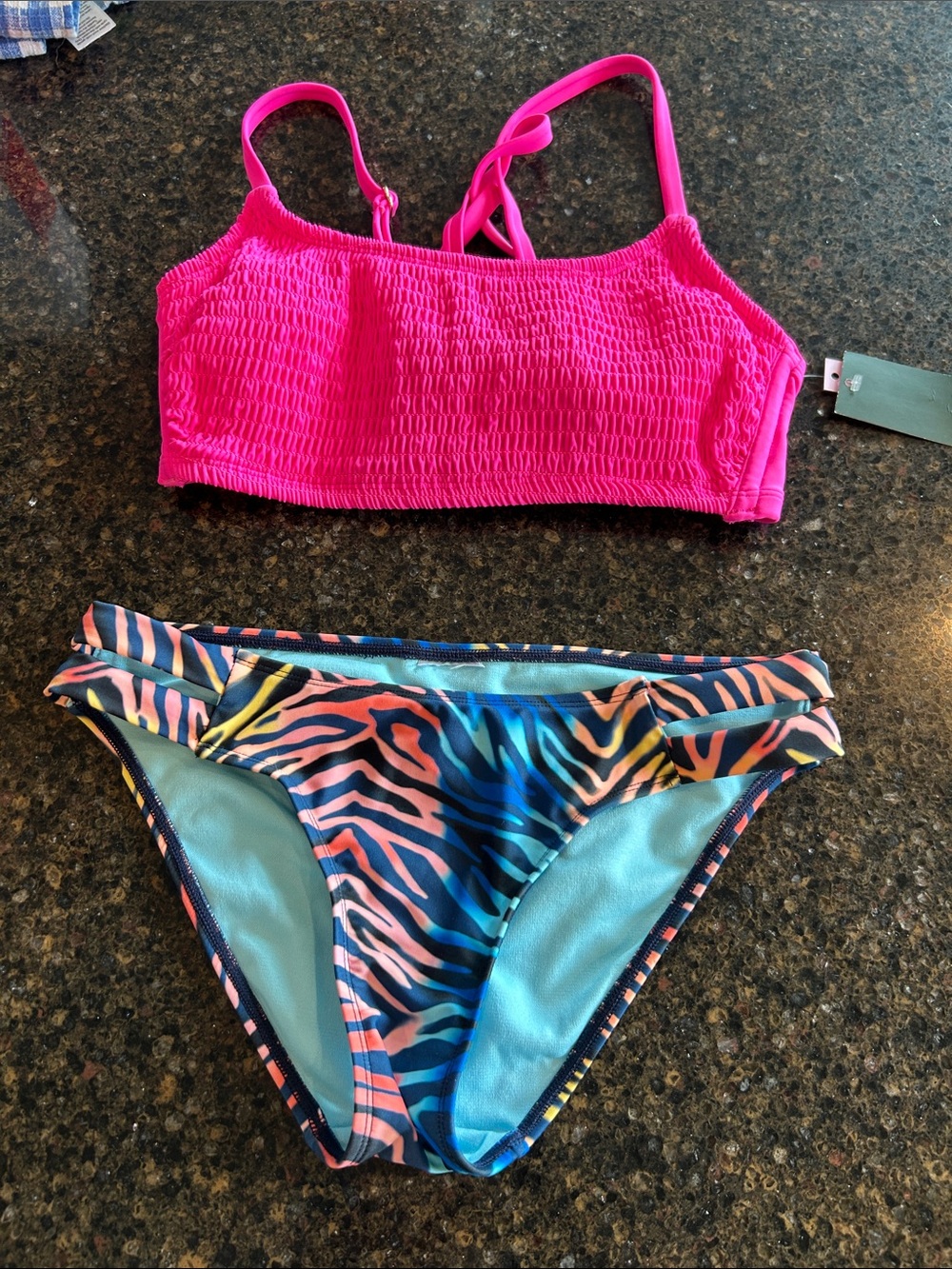 wild fable Hot Pink Smocked Bikini Top with Multicolor Zebra Print Bottoms
